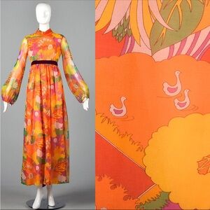 Vintage 1970s Maxi Chiffon Dress - Groovy print